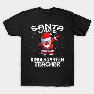 Santa Loves Kindergarten Teacher Christmas T-Shirt
